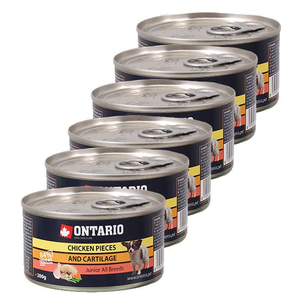 Konzerva ONTARIO Junior za psa, pileći komadi + hrskavica, 6 x 200g