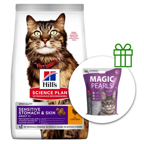 Hill's Science Plan Sensitive Stomach & Skin za odrasle mačke s piletinom 7 kg + stelja GRATIS