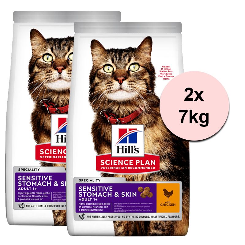 Hill's Science Plan Sensitive Stomach & Skin za odrasle mačke s piletinom 2 x 7 kg