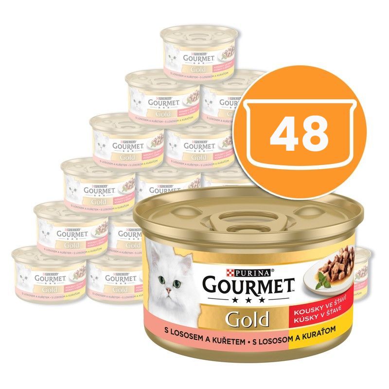 Konzerva Gourmet GOLD - komadi u umaku s lososom i piletinom, 48 x 85g