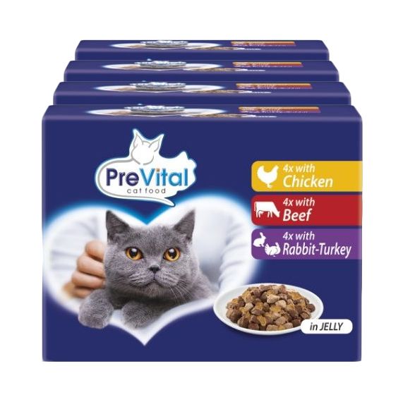 PreVital Cat vrećica piletina/govedina/kunić-puretina u želeu 48 x 100 g