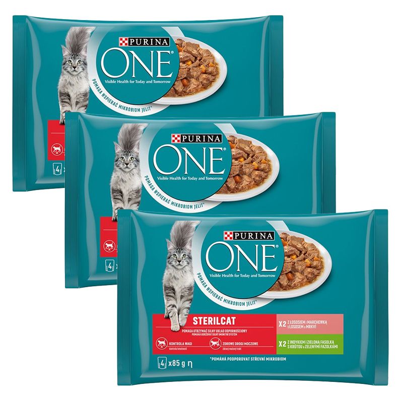 PURINA ONE STERILCAT s puretinom i zelenim mahunama u umaku, s lososom i mrkvom u umaku, 12 x 85 g