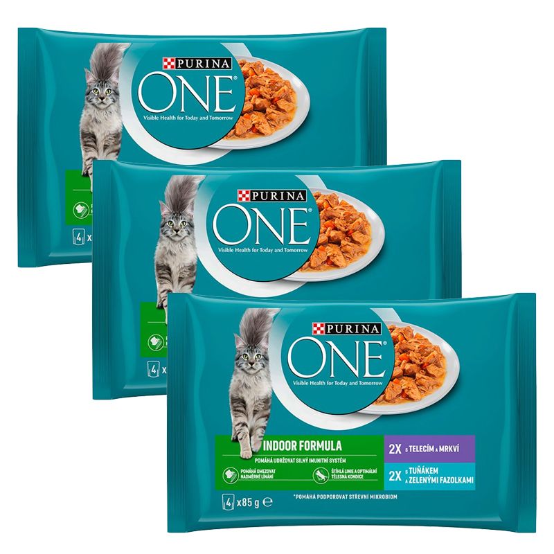PURINA ONE INDOOR s tunjevinom i zelenim mahunama u umaku, s telećim mesom i mrkvom u umaku, 12 x 85 g