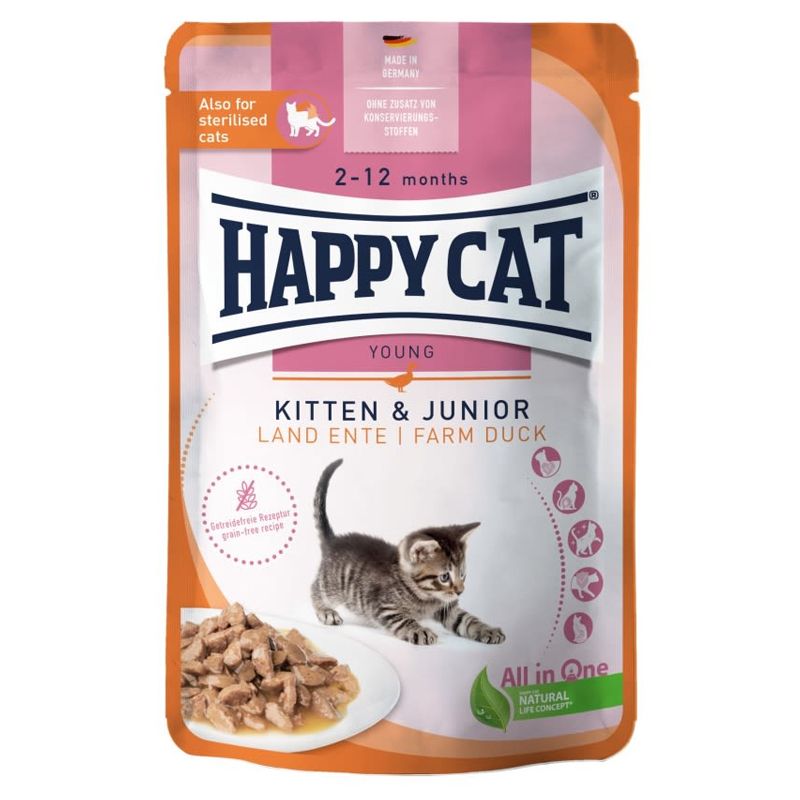 Happy Cat Konzerva Mačići & Junior Suha Piletina 85 g