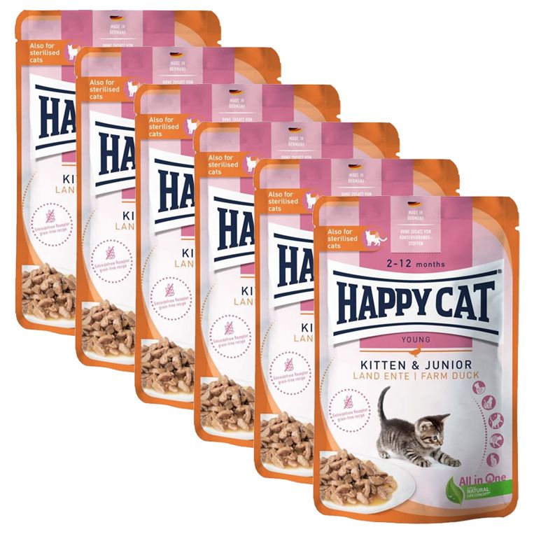 Happy Cat Konzerva Mačići & Junior Suha Piletina 6 x 85 g