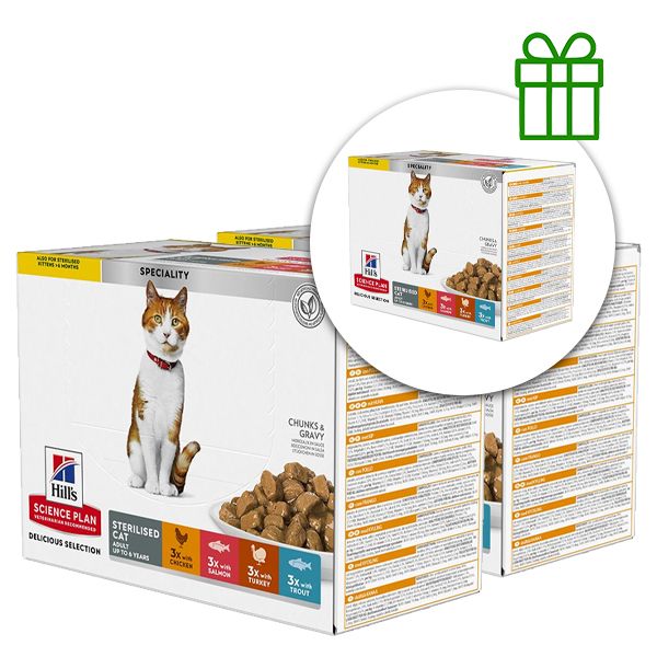 Hill's Science Plan Feline Young Adult Sterilised Piletina & Riba & Pastrva & Puretina 12 x 85 g, 2+1 GRATIS