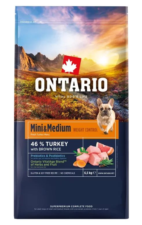 Ontario Mini & Medium Weight Control Turkey & Brown Rice 6,5 kg