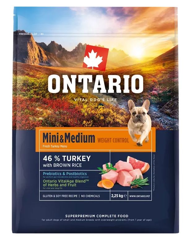 Ontario Mini & Medium Weight Control Turkey & Brown Rice 2,25 kg