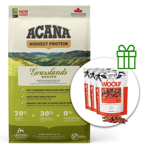 ACANA Grasslands Recipe 11,4 kg + 3x poslastice GRATIS