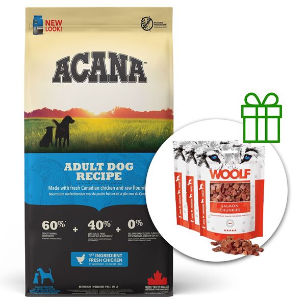 ACANA Adult Dog Recipe 17 kg + 3x poslastice GRATIS