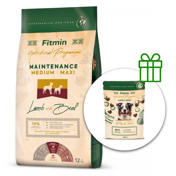Fitmin Maintenance Medium/Maxi Lamb with Beef 12 kg + Fitmin Play&Train Lamb & Beef BESPLATNO