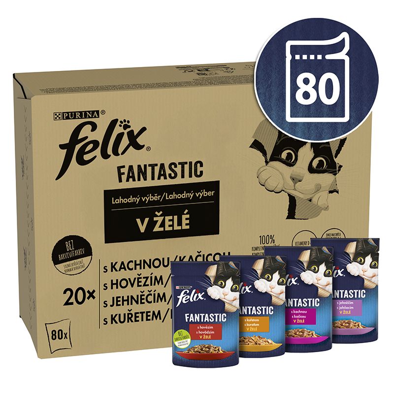 Vrečice FELIX Fantastic Multipack - s govedinom, piletinom, patkom i janjetinom u želeu 80 x 85 g