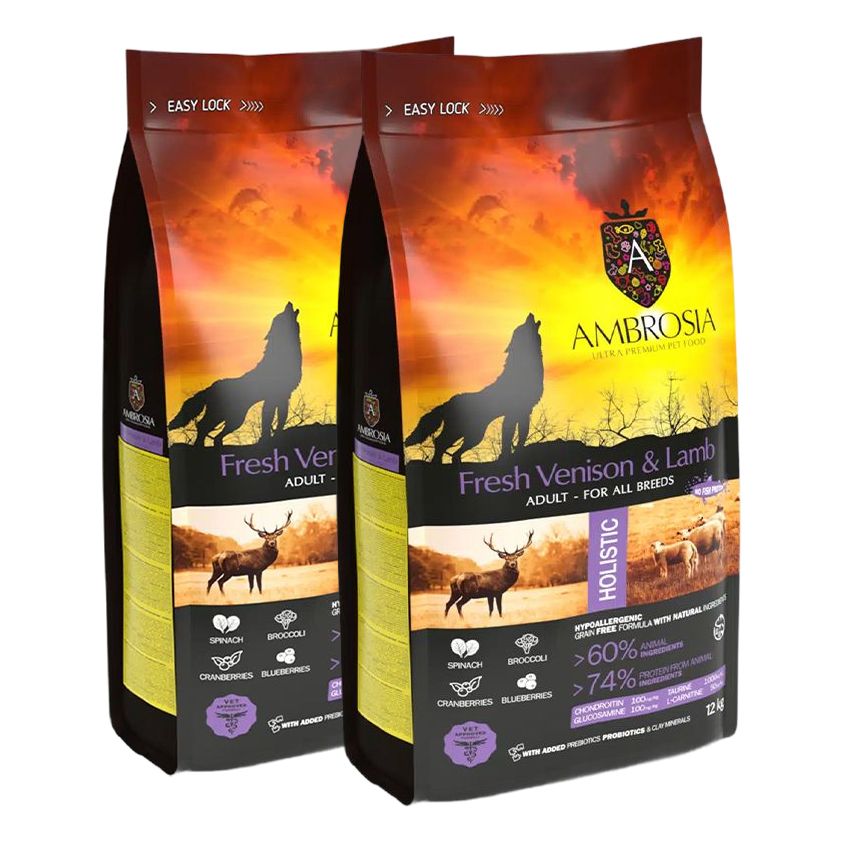 Ambrosia Adult All Breeds Fresh Venison & Lamb 2 x 12 kg