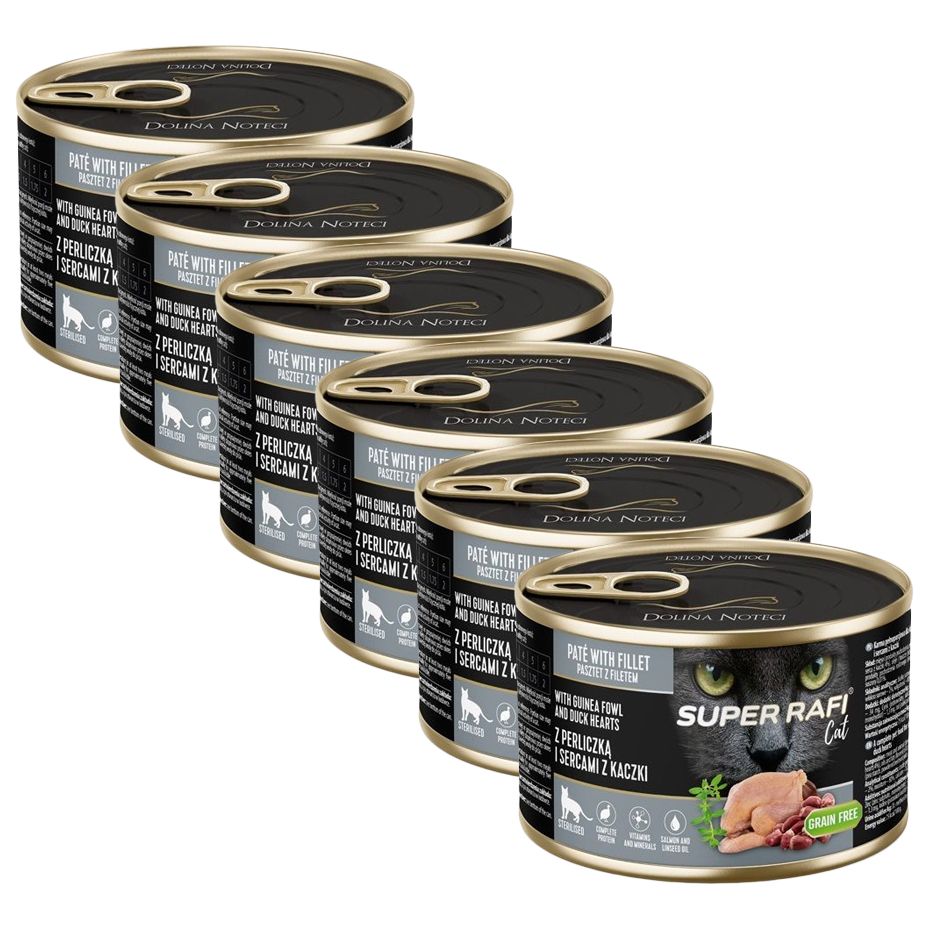 Super Rafi Cat Sterilised P&F Guinea fowl and Duck hearts 6 x 185 g