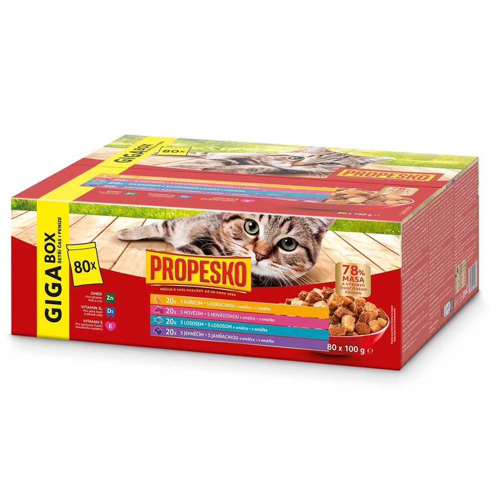 Propesko Cat Adult GIGA BOX vrečice govedina/piletina/losos/janje u umaku 80 x 100 g