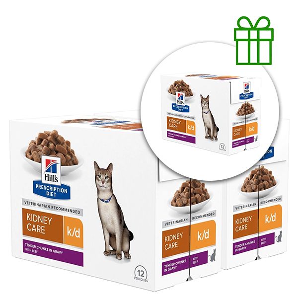 Hill's Prescription Diet k/d njega bubrega vrećica za mačke s govedinom 12 x 85 g, 2+1 GRATIS