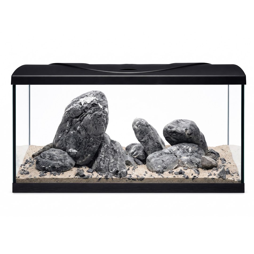 Akvarij 112l+kamenje+oprema+supstrat – Diversa STARTUP 80 LED Expert, s ravnim prednjim staklom, crni + WIO Ryuoh Shine River Kit