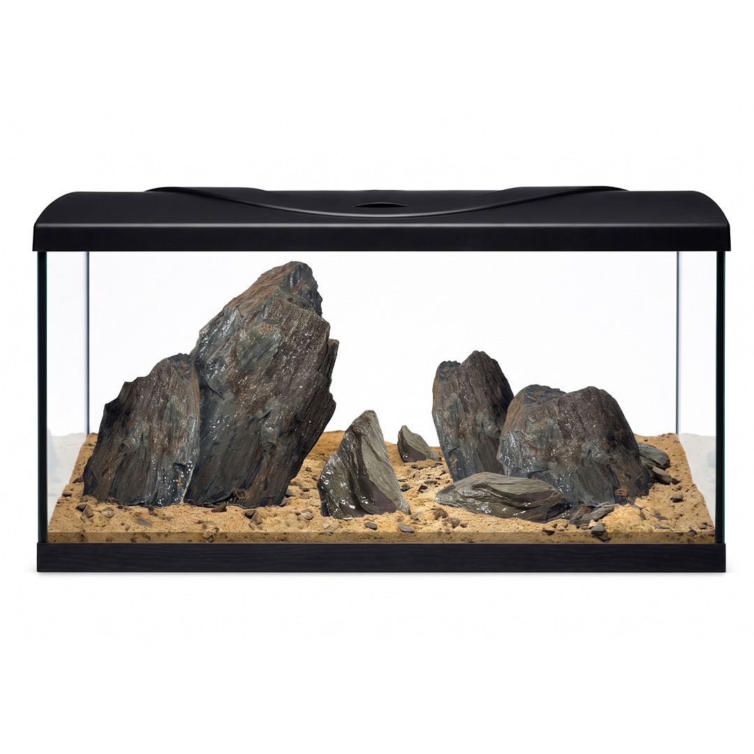 Akvarij 112l+kamenje+oprema+supstrat – Diversa STARTUP 80 LED Expert, s ravnim prednjim staklom, crni + WIO Storm Hour River Kit