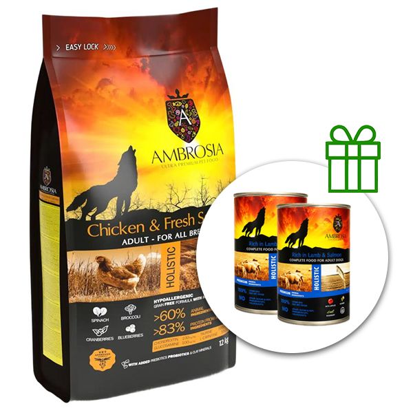Ambrosia Adult All Breeds Chicken & Fresh Salmon 12 kg + 2 konzerve BESPLATNO