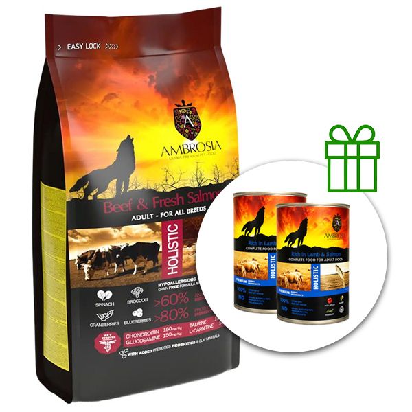 Ambrosia Adult All Breeds Beef & Fresh Salmon 12 kg + 2 konzerve BESPLATNO
