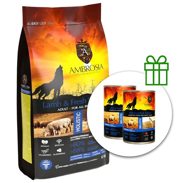 Ambrosia Adult All Breeds Lamb & Fresh Salmon 12 kg + 2 pločevinke BREZPLAČNO