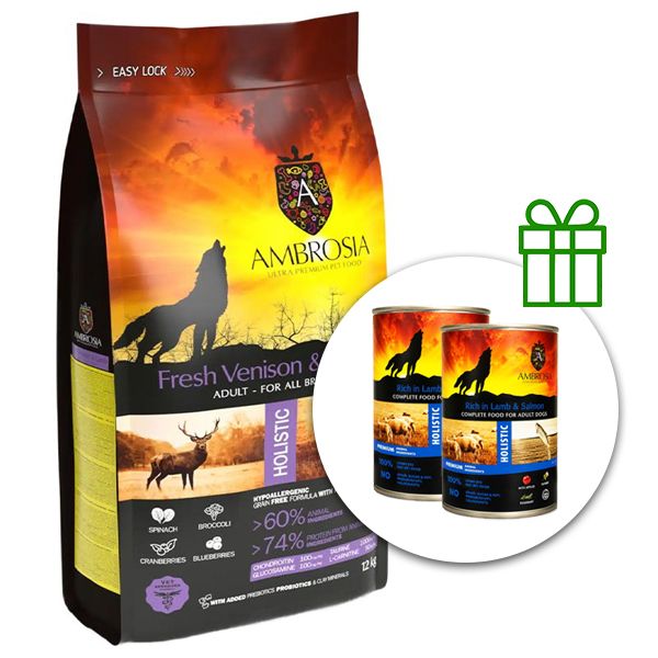 Ambrosia Adult All Breeds Fresh Venison & Lamb 12 kg + 2 konzerve BESPLATNO