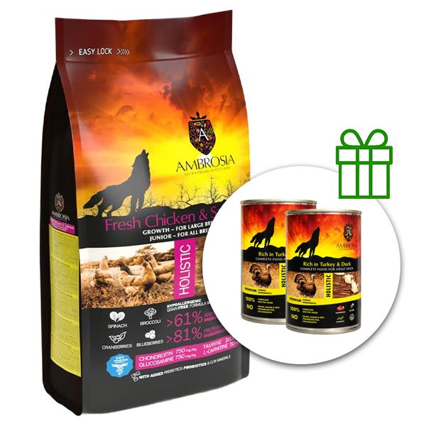 Ambrosia Puppy & Growth Large Breeds Chicken & Salmon 12 kg + 2 konzerve BESPLATNO