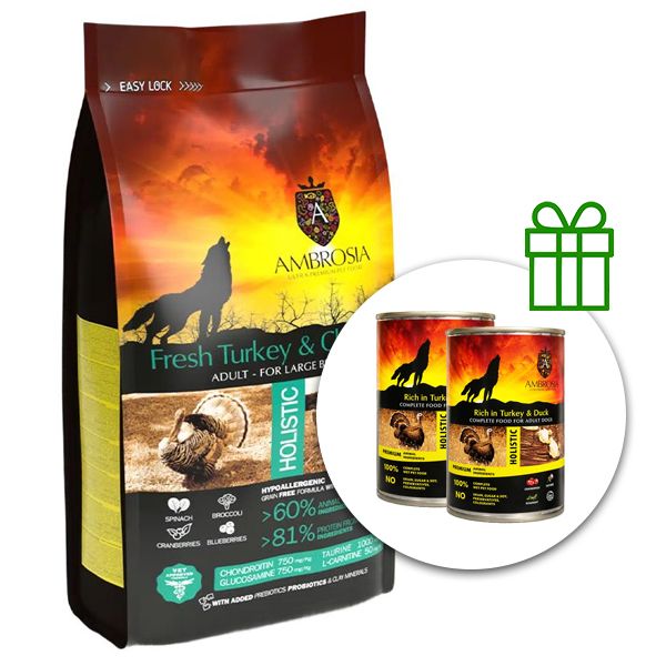 Ambrosia Adult Large Breeds Fresh Turkey & Chicken 12 kg + 2 konzerve BESPLATNO