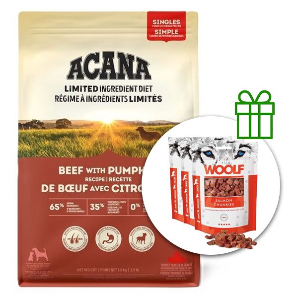 ACANA Singles Beef With Pumpkin Recipe 11,4 kg + 3x poslastice GRATIS