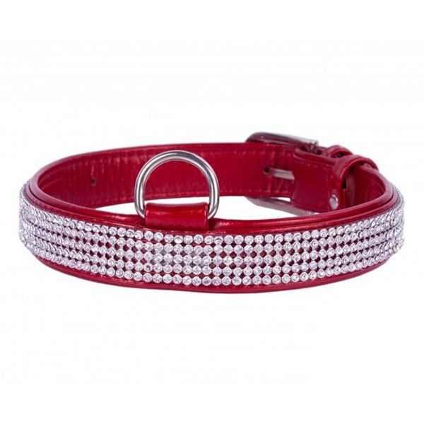 Sjajna kožna ogrlica s kristalima - 30 - 39cm, 20mm - crvena