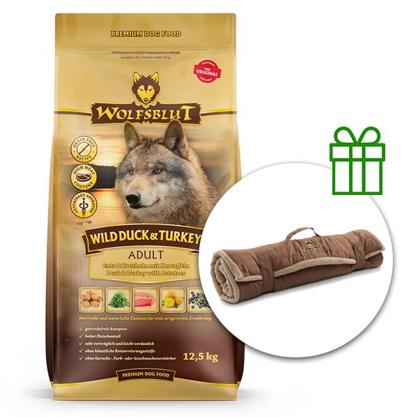 WOLFSBLUT Wild Duck & Turkey Adult 12,5 kg + Putna deka GRATIS