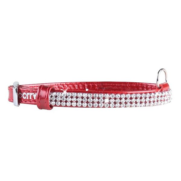 Sjajni kožni ovratnik s kristalima - 21 - 29cm, 12mm - crveni