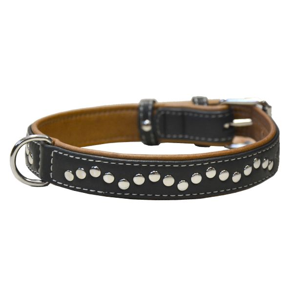 Kožni ovratnik s metalnom aplikacijom - 38 - 49cm, 25mm - crni