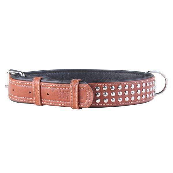 Kožni ovratnik s metalnom aplikacijom - 57 - 71cm, 35mm - smeđi
