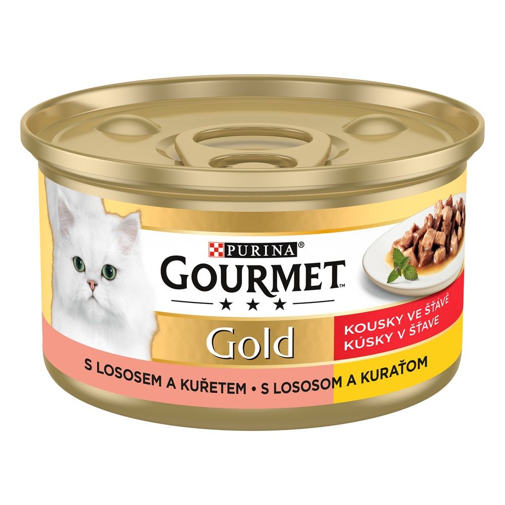 Konzerva Gourmet GOLD - komadi u umaku s lososom i piletinom, 85g