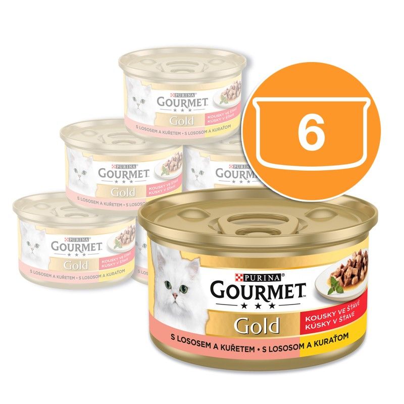 Konzerva Gourmet GOLD - komadi u umaku s lososom i piletinom, 6 x 85g