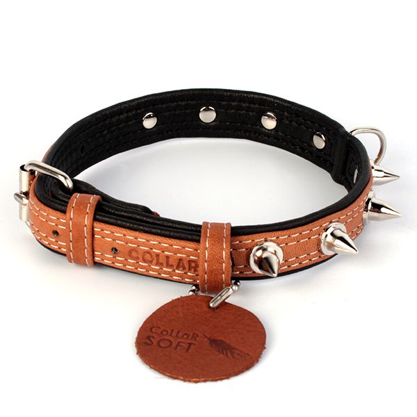 Kožni ovratnik SOFT s bodljama - 30 - 39cm, 20mm, smeđe-crni