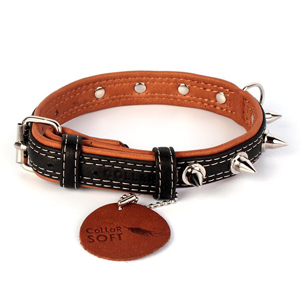 Kožni ovratnik SOFT s bodljama - 30 - 39cm, 20mm, crno-smeđi
