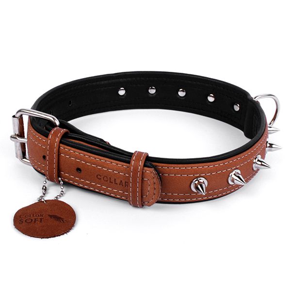 Kožni ovratnik SOFT s bodljama - 46 - 60cm, 35mm, smeđe-crni
