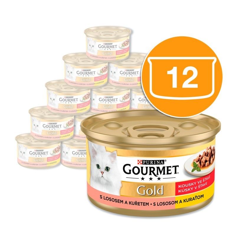 Konzerva Gourmet GOLD - komadi u umaku s lososom i piletinom, 12 x 85g