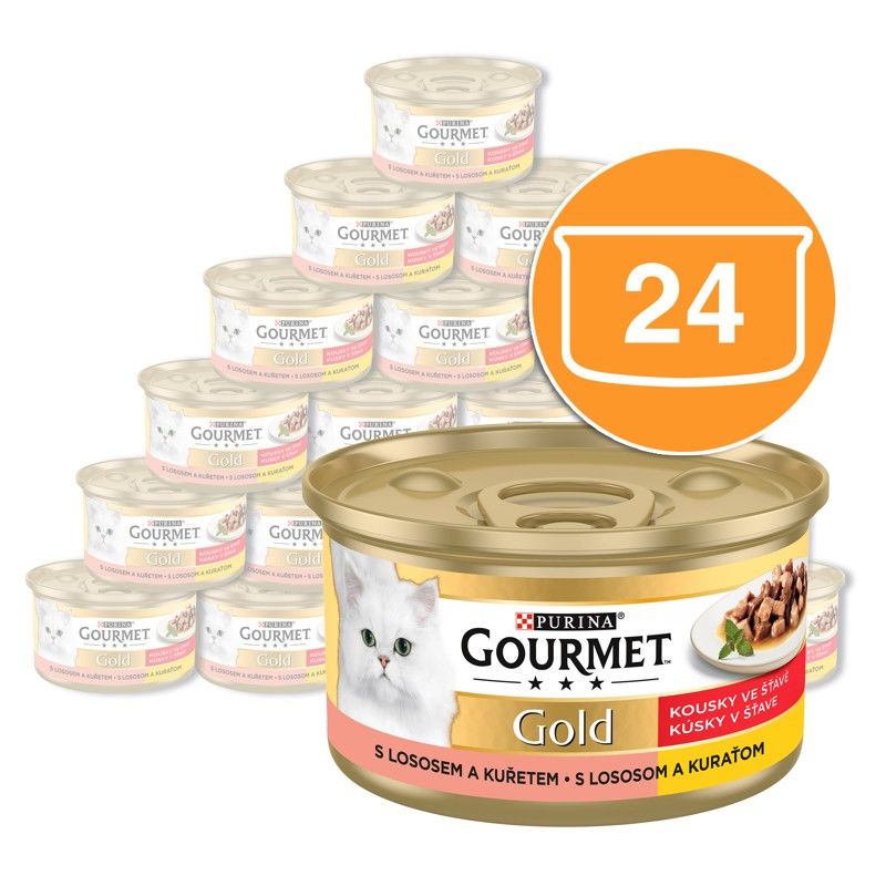 Konzerva Gourmet GOLD - komadi u umaku s lososom i piletinom, 24 x 85g