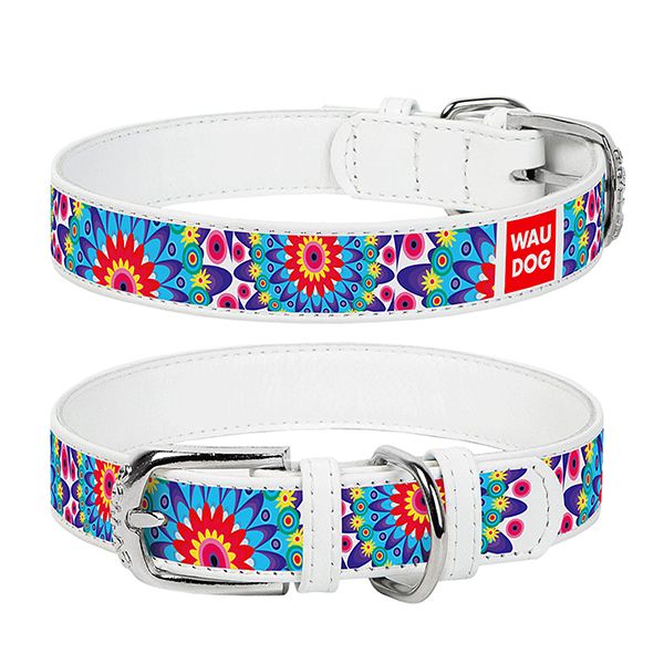 Kožni ovratnik WAUDOG Flowers - bijeli 2,5 cm x 38 - 49 cm