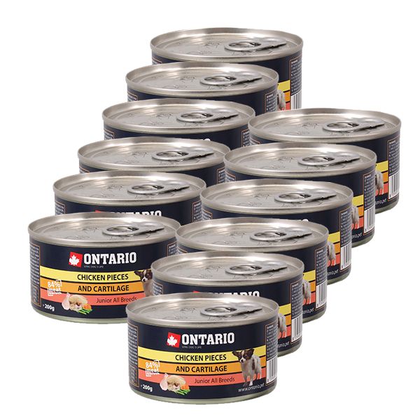 Konzerva ONTARIO Junior za psa, pileći komadi + hrskavice, 12 x 200g