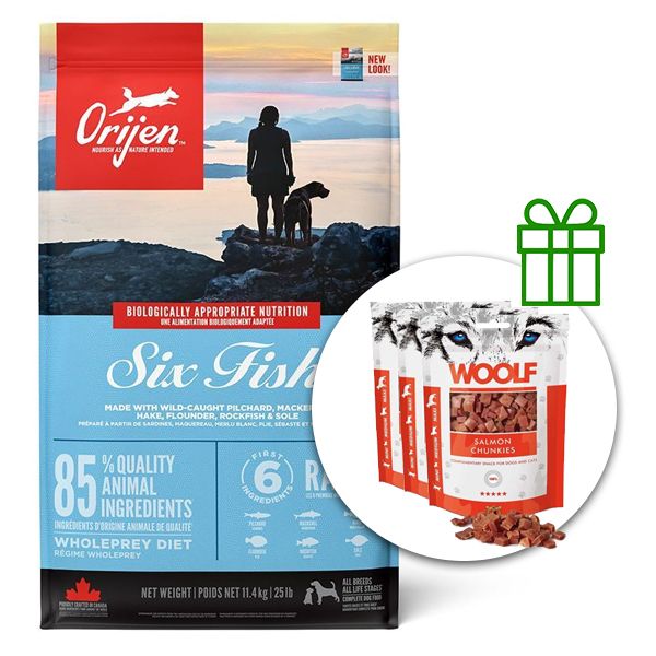 ORIJEN Adult 6 Fish Dog 11,4 kg + 3x poslastice GRATIS