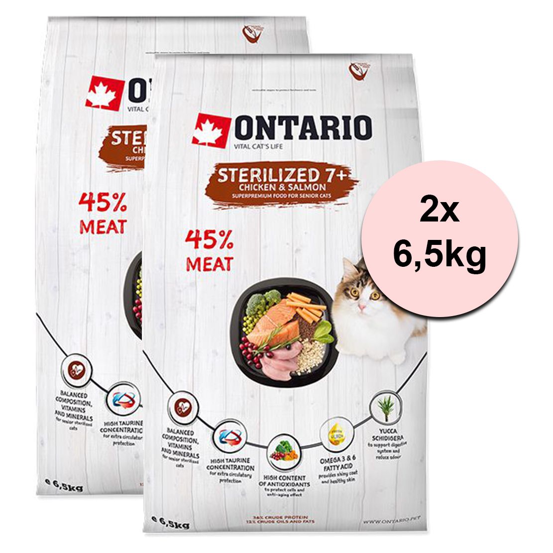 Ontario Cat Sterilised 7+, 2 x 6,5 kg
