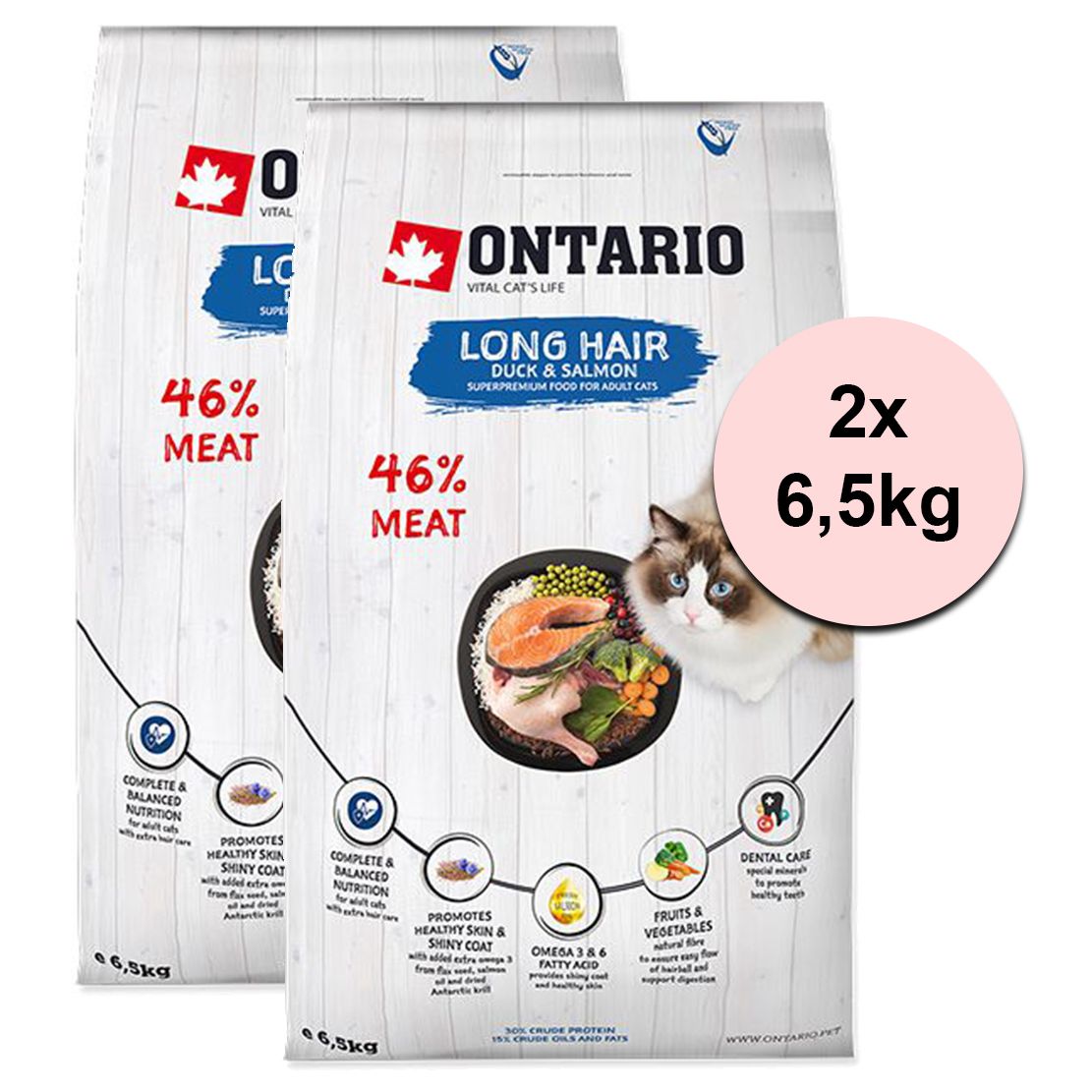Ontario Cat Long Hair Duck & Salmon 2 x 6,5 kg