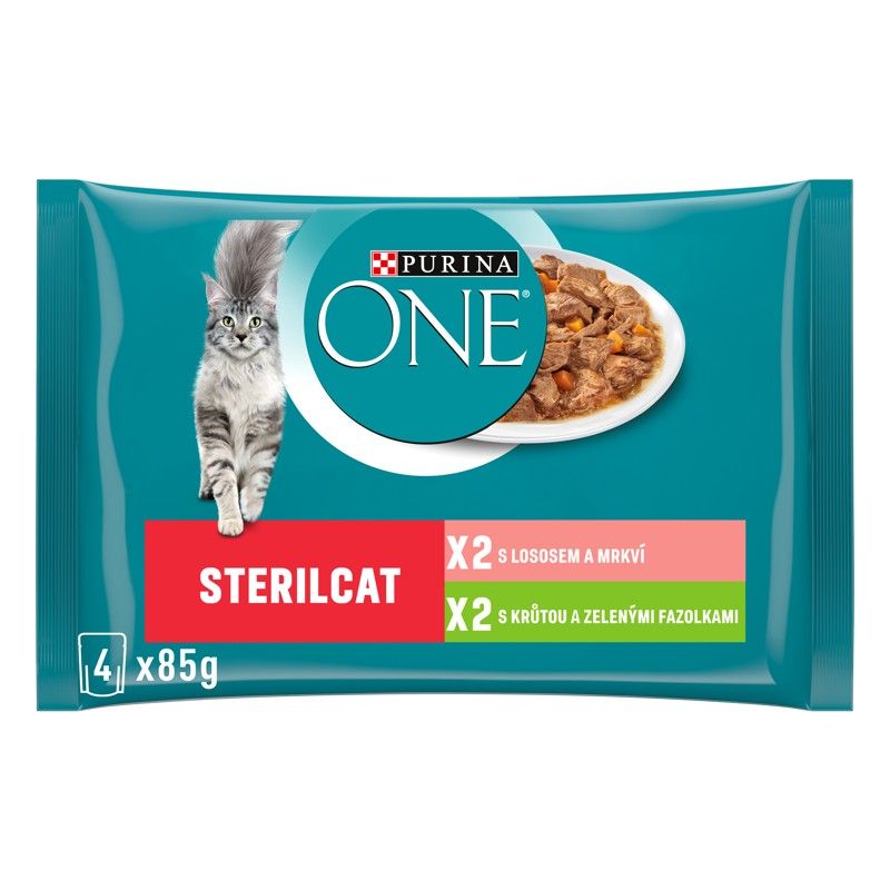 PURINA ONE STERILCAT s puretinom i zelenim mahunama u umaku, s lososom i mrkvom u umaku, 4 x 85 g