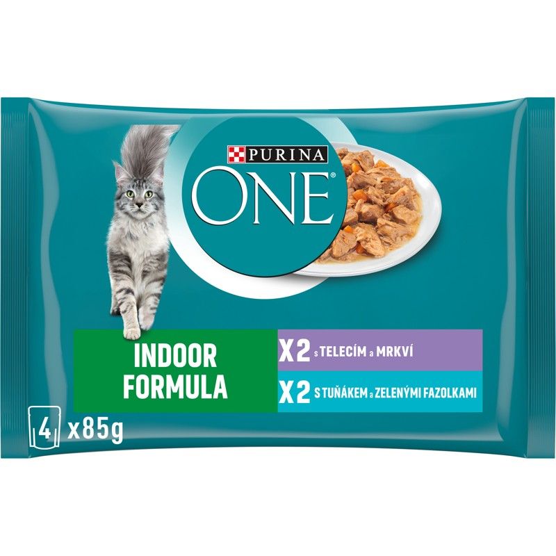 PURINA ONE INDOOR s tunjevinom i zelenim mahunama u umaku, s telećim mesom i mrkvom u umaku, 4 x 85 g