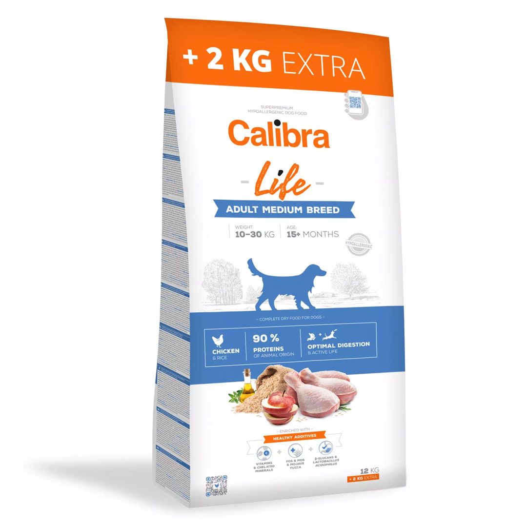 Calibra Dog Life Adult Medium Breed Chicken 12 + 2 kg GRÁTIS