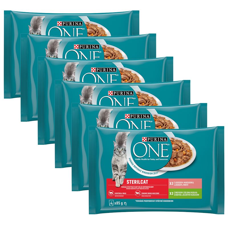 PURINA ONE STERILCAT s puretinom i zelenim mahunama u umaku, s lososom i mrkvom u umaku, 24 x 85 g